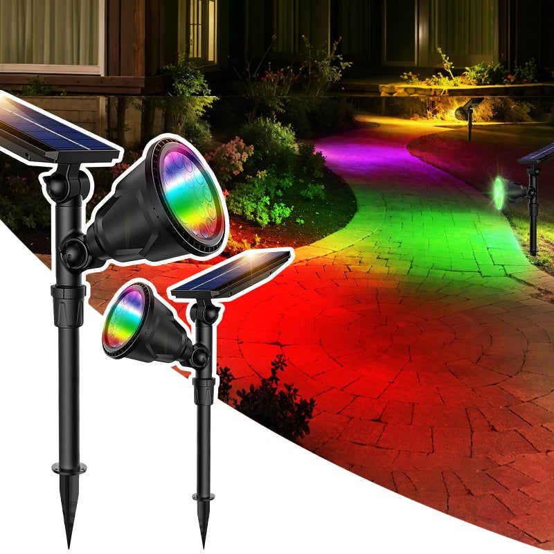 JSOT 2 Pack Christmas Solar Spotlights, RGB Solar Spot Light Outdoor Waterproof Color Changing Landscape Lighting with 9 Lighting Options Decor for Backyard Walkway Tree Lawn - Image 1
